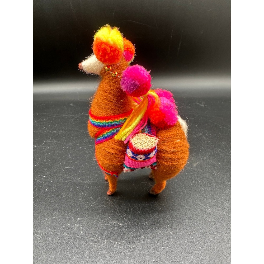 Handmade Peruvian Alpaca Llama Figurine Wool Pom Poms Rainbow Saddle Bags Brown